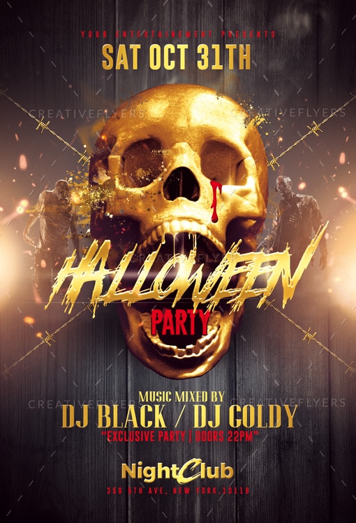 Flyer with a gold skull for Halloween